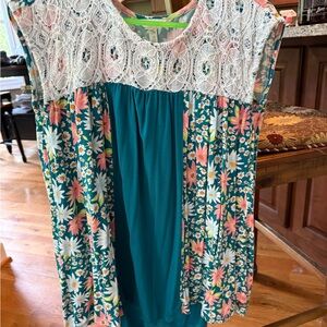 Mathilda Jane Floral Teal Lace Yoke Tunic